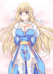 Rule 34 | 1girl, arch bishop (ragnarok online), blonde hair, blush, breast suppress, breasts, cross, green eyes, half updo, highres, lace, lace-trimmed legwear, lace trim, large breasts, legs, long hair, louis&amp;visee, lying, ragnarok online, thighhighs