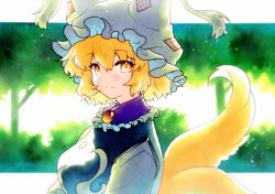 Rule 34 | 1girl, animal ears, blonde hair, blush, closed mouth, dress, fox ears, fox tail, from side, hair between eyes, hat, highres, mob cap, multiple tails, portrait, qqqrinkappp, short hair, smile, solo, tabard, tail, touhou, traditional media, white dress, white hat, yakumo ran, yellow eyes
