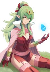 Rule 34 | 1girl, boots, bracelet, breasts, cape, cleavage, closed mouth, commentary, dragonstone, dress, fire emblem, fire emblem awakening, garter straps, gloves, green eyes, green hair, hair ornament, highres, jewelry, labebebe lee, long hair, looking at viewer, medium breasts, nintendo, pink cape, pink thighhighs, pointy ears, ponytail, red dress, red footwear, red gloves, ribbon, short dress, side slit, sitting, smile, solo, thigh boots, thighhighs, tiara, tiki (adult) (fire emblem), tiki (fire emblem), white background