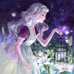 Rule 34 | 1girl, birdcage, blurry background, bug, butterfly, cage, dress, closed eyes, flower, hairband, bug, lily (flower), night, night sky, outdoors, profile, skull, sky, solo, standing, taketori, white dress, white hair