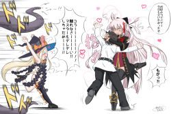 Rule 34 | &gt; &lt;, 1boy, 2girls, abigail williams (fate), abigail williams (second ascension) (fate), anger vein, armpits, arms up, black bow, black footwear, black hair, black hat, black jacket, black legwear, black panties, black pants, blonde hair, blush, bow, chaldea uniform, closed eyes, commentary request, dark skin, expressive hair, fate/grand order, fate (series), fujimaru ritsuka (male), hair bow, hair ornament, hat, heart, highres, hug, jacket, koha-ace, long hair, long sleeves, mary janes, motion blur, motion lines, multiple girls, neon-tetora, nose blush, okita souji (fate), okita souji alter (fate), open mouth, orange bow, panties, pants, pink eyes, pink hair, polka dot, polka dot bow, revealing clothes, shoes, signature, single thighhigh, standing, standing on one leg, stuffed animal, stuffed toy, tassel, tears, teddy bear, tentacles, thighhighs, translation request, underwear, uniform, very long hair, white background, white jacket, witch hat