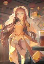 Rule 34 | 1girl, :d, bendy straw, bloomers, blue eyes, breasts, brick wall, brown hair, commentary request, detached sleeves, dress, drinking straw, echosdoodle, fishnets, food, food fantasy, fruit, fruit cup, gloves, highres, holding, holding plate, indoors, lantern, long hair, long sleeves, looking at viewer, open mouth, paper lantern, pineapple, pineapple cake (food fantasy), plate, shelf, small breasts, smile, solo, thighhighs, underwear, veil, very long hair, white bloomers, white gloves, white thighhighs, wide sleeves, yellow dress