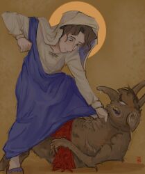 Rule 34 | 1girl, apron, blue apron, brown background, brown fur, brown hair, clenched hand, closed mouth, commentary, demon, english commentary, fighting, full moon, highres, horns, moon, neclapng, simple background, smile, the bible, virgin mary, white hood, yellow moon