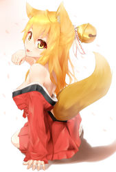 Rule 34 | 1girl, :p, animal ears, back, bare shoulders, bell, blonde hair, breasts, chiroshiron, fox ears, hair bell, hair ornament, hair ribbon, highres, japanese clothes, jingle bell, kimono, long hair, looking at viewer, off shoulder, original, paw pose, ribbon, solo, tail, tongue, tongue out