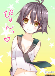 Rule 34 | 10s, 1girl, ascot, bare shoulders, blush, collarbone, dated, female focus, heart, kantai collection, looking at viewer, midriff, navel, purple hair, sakawa (kancolle), short hair, simple background, smile, solo, translation request, yadapot, yellow eyes
