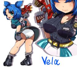 Rule 34 | 1girl, ass, ass focus, bechamel ovo, belt, blue eyes, blue hair, breasts, breasts focus, from behind, gloves, gun, highres, jet force gemini, large breasts, medium hair, miniskirt, panties, shoes, short sleeves, skirt, socks, underwear, vela (jet force gemini), weapon, white background