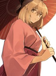 Rule 34 | 1girl, ahoge, black bow, blonde hair, bow, fate (series), grin, hair between eyes, hair bow, hakama, highres, holding, holding umbrella, japanese clothes, kimono, koha-ace, long sleeves, looking to the side, oil-paper umbrella, okita souji (fate), okita souji (koha-ace), pink kimono, red hakama, red umbrella, short hair, short ponytail, smile, solo, standing, umbrella, usamimikurage, wide sleeves, yellow eyes