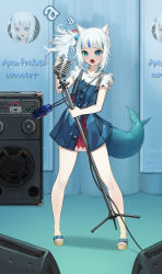 Rule 34 | 1girl, a (phrase), absurdres, animal ears, bag, blue dress, blue eyes, blue hair, blush, cat ears, chronodash, commentary, denim dress, dress, english commentary, fins, fish tail, full body, gawr gura, gawr gura (casual), highres, holding, holding microphone, holding microphone stand, hololive, hololive english, legs, microphone, microphone stand, multicolored hair, nail polish, open mouth, sandals, serious, shark tail, sharp teeth, short sleeves, shoulder bag, side ponytail, smile, solo, speaker, stage, standing, streaked hair, tail, teeth, virtual youtuber, white hair