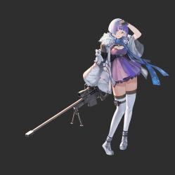 Rule 34 | 1girl, absurdres, arm up, breasts, cleavage, cleavage cutout, clothing cutout, dress, dsk artwork, fingerless gloves, full body, fur trim, gloves, gun, highres, holding, holding gun, holding weapon, medium breasts, original, purple eyes, purple hair, rifle, shoes, short hair, simple background, sniper rifle, solo, stuffed animal, stuffed toy, teddy bear, thighhighs, weapon, white thighhighs