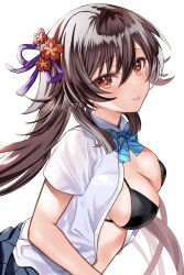Rule 34 | 1girl, :p, alternate breast size, black bra, blush, bow, bowtie, bra, breasts, brown hair, collared shirt, commentary request, flower, flower-shaped pupils, genshin impact, hair between eyes, highres, hu tao (genshin impact), large breasts, long hair, looking at viewer, open clothes, open shirt, pleated skirt, red eyes, school uniform, seiru (prairie), shirt, short sleeves, skirt, solo, symbol-shaped pupils, tongue, tongue out, twitter username, underwear, very long hair