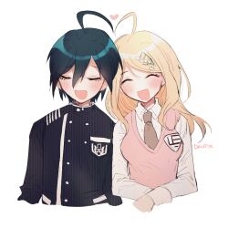 Rule 34 | 1boy, 1girl, ahoge, akamatsu kaede, artist name, bad id, bad twitter id, black jacket, black sleeves, blonde hair, blue hair, blush, brown necktie, buttons, closed eyes, collared jacket, collared shirt, commentary request, crest, cropped torso, dalrye v3, danganronpa (series), danganronpa v3: killing harmony, double-breasted, eyelashes, fortissimo, hair between eyes, hair ornament, heads together, heart, hetero, jacket, leaning on person, long hair, long sleeves, musical note, musical note hair ornament, necktie, open mouth, pink vest, pinstripe jacket, pinstripe pattern, pocket, saihara shuichi, shirt, simple background, smile, v-neck, vertical-striped sleeves, vest, white background, white shirt, white sleeves
