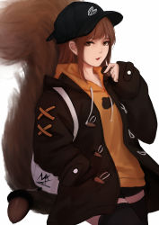 Rule 34 | 1girl, acorn, animal ears, baseball cap, black hat, black jacket, black shorts, black thighhighs, brown eyes, brown hair, hair between eyes, hand in pocket, hand up, hat, highres, holding, jacket, long hair, long sleeves, looking at viewer, open clothes, open jacket, orange shirt, original, parted lips, shimmer, shirt, short shorts, shorts, simple background, sleeves past wrists, solo, squirrel ears, squirrel girl, squirrel tail, tail, thighhighs, white background