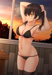 Rule 34 | 1girl, :t, armpits, arms up, bare arms, bare shoulders, black bra, black hair, black panties, black thighhighs, blurry, blurry background, blush, bra, breasts, cleavage, closed mouth, cloud, cloudy sky, collarbone, commentary, curvy, depth of field, dutch angle, en&#039;en no shouboutai, fingernails, hair between eyes, highres, indoors, kazenokaze, large breasts, long hair, orange eyes, panties, pout, shiny skin, sky, solo, standing, sunset, tamaki kotatsu, thighhighs, twintails, tying hair, underwear, underwear only, window