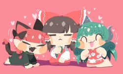 Rule 34 | 3girls, :3, ^ ^, animal ears, barefoot, bow, braid, brown hair, cat ears, cat girl, cat tail, cheek-to-cheek, chibi, chibi only, closed eyes, cup, detached sleeves, dress, extra ears, green dress, green hair, hair bow, hair tubes, hakurei reimu, heads together, heart, holding, holding cup, horns, kaenbyou rin, kariyushi shirt, kneeling, komano aunn, long hair, long sleeves, multiple girls, multiple tails, open mouth, paw pose, pink background, pointy ears, red bow, red hair, red skirt, red vest, seiza, shinsei tomato, shorts, simple background, single horn, sitting, skirt, smile, sweat, tail, tail raised, tongue, tongue out, touhou, two tails, vest, white sleeves, wide sleeves, yunomi