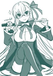 Rule 34 | 10s, 1girl, artist name, bb (fate), bb (fate), bb (fate/extra), bespectacled, blue theme, fate/extra, fate/extra ccc, fate (series), glasses, gloves, hair ribbon, holding, holding pointer, crossed legs, long hair, long sleeves, looking at viewer, monochrome, pointer, ribbon, sentaku nori, smile, solo, sparkle, thighhighs, very long hair, white background