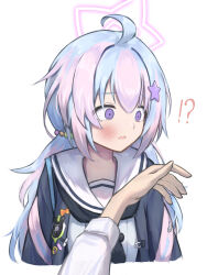 Rule 34 | !?, 1girl, 1other, 3ni3ni, ahoge, black jacket, black neckerchief, blue archive, blue hair, commentary, cropped torso, hair ornament, halo, jacket, long hair, multicolored hair, neckerchief, parted lips, pink hair, pov, pov hands, purple eyes, reisa (blue archive), school uniform, simple background, slap mark, slap mark on face, slapping, solo focus, star (symbol), star hair ornament, star halo, surprised, two-tone hair, upper body, white background, wide-eyed