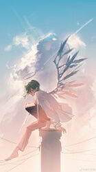 Rule 34 | 1boy, absurdres, angel, angel wings, barefoot, black pants, blue sky, check copyright, chimney, chinese commentary, closed eyes, cloud, commentary, copyright request, feathered wings, from side, full body, green hair, halo, highres, jacket, long sleeves, male focus, migan, open clothes, open jacket, original, outdoors, outstretched leg, pants, power lines, short hair, sky, solo, squatting, sunrise, toes, watermark, weibo logo, weibo watermark, white jacket, white sleeves, wings