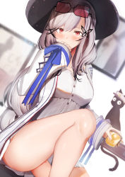 Rule 34 | 1girl, absurdres, alternate costume, azur lane, blush, breasts, butterfly hair ornament, cat, covering own mouth, cup, dress, dunkerque (afternoon venus) (azur lane), dunkerque (azur lane), eyewear on head, grey hair, hair ornament, hat, highres, holding, holding cup, jacket, jewelry, knee up, large breasts, light particles, long hair, looking at viewer, necklace, photo (object), pnatsu, sidelocks, sitting, sleeves past wrists, solo, sunglasses, thighs, tinted eyewear, white dress, white jacket