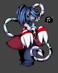 Rule 34 | 1girl, bare shoulders, blue hair, blue skin, breasts, cleavage, colored skin, detached sleeves, hair over one eye, highres, leviathan (skullgirls), long hair, long skirt, md5 mismatch, medium breasts, musical note, no legs, red eyes, side ponytail, signature, simple background, skirt, skullgirls, smile, solo, squigly (skullgirls), stitched mouth, stitches, striped, striped sleeves, tiki-san, zombie