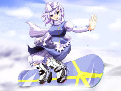 Rule 34 | 1girl, bad id, bad pixiv id, breasts, female focus, hat, large breasts, letty whiterock, light purple hair, outstretched arms, purple eyes, saturnon, scarf, short hair, snowboard, solo, spread arms, touhou