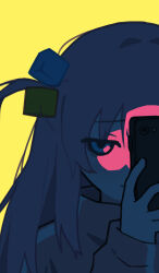 Rule 34 | 1girl, blue eyes, bocchi the rock!, cellphone, chinese commentary, commentary request, covering one eye, cube hair ornament, furrowed brow, gotoh hitori, hair bobbles, hair ornament, half-closed eyes, hand up, high collar, highres, holding, holding phone, jacket, light, long hair, long sleeves, looking at viewer, lurenjia, messy hair, muted color, one side up, phone, portrait, raised eyebrows, simple background, smartphone, solo, straight-on, track jacket, variant set, yellow background