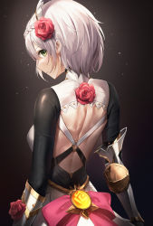 Rule 34 | 1girl, arm guards, back, back focus, backless outfit, braid, breasts, flower, from behind, genshin impact, green eyes, grey hair, hair flower, hair ornament, highres, light particles, long sleeves, looking at viewer, looking back, lunacle, noelle (genshin impact), parted lips, red flower, red ribbon, red rose, ribbon, rose, short hair, solo, vision (genshin impact)