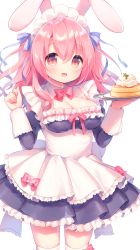 Rule 34 | 1girl, :o, animal ears, apron, black dress, blue ribbon, blush, bow, bowtie, breasts, brown eyes, cleavage, commentary request, dress, fingernails, food, hair between eyes, hair ribbon, hands up, highres, holding, holding tray, juliet sleeves, long hair, long sleeves, maid, maid apron, maid headdress, medium breasts, original, pancake, pancake stack, plate, pleated dress, puffy sleeves, rabbit ears, red bow, red bowtie, red hair, ribbon, sakura (usashiro mani), simple background, solo, thighhighs, tray, usashiro mani, white apron, white background, white thighhighs