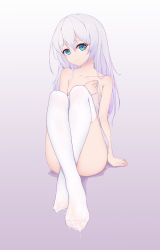 Rule 34 | 1girl, arm at side, asa ni haru, benghuai xueyuan, blue eyes, closed mouth, collarbone, convenient leg, crossed ankles, cum, cum on body, cum on feet, feet, full body, gradient background, grey background, hand on own chest, highres, honkai (series), long hair, looking at viewer, naked towel, no shoes, nude, see-through, silver hair, sitting, smile, solo, suggestive fluid, theresa apocalypse, thighhighs, towel, very long hair, white thighhighs