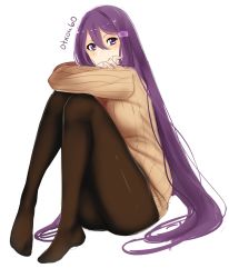 Rule 34 | 1girl, artist name, beige sweater, brown pantyhose, commentary, doki doki literature club, english commentary, full body, hair ornament, hairclip, highres, knees to chest, long hair, looking at viewer, otxoa60, pantyhose, purple eyes, purple hair, ribbed sweater, simple background, sitting, sketch, smile, solo, sweater, very long hair, white background, yuri (doki doki literature club)