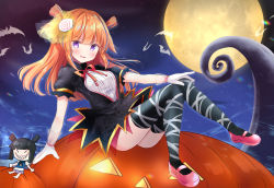 Rule 34 | 1girl, animal, bad id, bad pixiv id, bat (animal), black dress, black thighhighs, blue hair, blush, breasts, commentary request, copyright request, dress, full body, full moon, gloves, hair ornament, halloween, jack-o&#039;-lantern, long hair, looking at viewer, masayo (gin no ame), moon, multicolored hair, night, night sky, orange hair, pink footwear, puffy short sleeves, puffy sleeves, purple eyes, revision, see-through, shoes, short sleeves, sitting, sky, small breasts, smile, solo, streaked hair, thighhighs, two side up, v-shaped eyebrows, virtual youtuber, white gloves