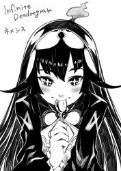Rule 34 | blush, closed mouth, fire, greyscale, highres, holding, holding spoon, infinite dendrogram, long hair, monochrome, nemesis (infinite dendrogram), simple background, sketch, smile, solo, spoon, tsukuha (chakai514), upper body, utensil in mouth, white background