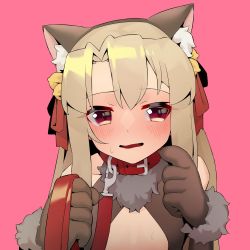 Rule 34 | 1girl, animal ear fluff, animal ears, animal hands, bad id, bad twitter id, belt collar, blonde hair, blush, collar, embarrassed, fate/kaleid liner prisma illya, fate (series), fur collar, gloves, holding, holding leash, illyasviel von einzbern, leash, long hair, open mouth, paw gloves, pet play, pink background, red eyes, revealing clothes, simple background, solo, sweatdrop, upper body, viroa, wavy mouth, white background