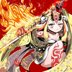 Rule 34 | 1girl, blonde hair, claws, fang, fate/grand order, fate (series), fire, fire, floral print, highres, horns, ibaraki douji (fate), japanese clothes, kimono, lance, monster girl, oni, polearm, tattoo, weapon, yellow eyes
