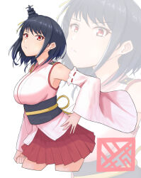 Rule 34 | 1girl, bare shoulders, cowboy shot, detached sleeves, highres, japanese clothes, kantai collection, looking at viewer, minase00, miniskirt, pleated skirt, red eyes, red skirt, short hair, skirt, solo, wide sleeves, yamashiro (kancolle)
