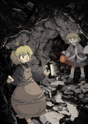 Rule 34 | 2girls, absurdres, arm warmers, black footwear, black shirt, blonde hair, brown dress, brown eyes, buttons, cave interior, commission, dress, highres, holding, holding lantern, kurodani yamame, lantern, long sleeves, looking at another, mizuhashi parsee, multiple girls, open mouth, pointing, pointy ears, power item (touhou), rock, scarf, shirt, shoes, skeb commission, socks, standing, touhou, white arm warmers, white background, white scarf, white socks, yamame jinja