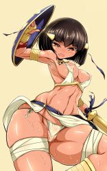 Rule 34 | 1girl, armlet, armpits, assal (sennen sensou aigis), bracelet, breasts, cleft of venus, curvy, dark-skinned female, dark skin, fang, female focus, geroika, gold, hair ornament, highres, holding, holding sword, holding weapon, jewelry, neck ring, nipples, open mouth, partially visible vulva, see-through, sennen sensou aigis, shield, shiny skin, short hair, simple background, solo, sweat, sword, thigh strap, thighs, weapon, wide hips, yellow background