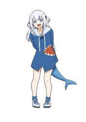 Rule 34 | 1girl, :d, absurdres, animal hood, arm behind back, blue eyes, blue hair, blue hoodie, blue socks, blush, breasts, commentary, drawstring, fins, fish tail, full body, gawr gura, gawr gura (1st costume), hair ornament, highres, hololive, hololive english, hood, hood down, hoodie, long hair, looking at viewer, multicolored hair, open mouth, shark tail, sharp teeth, shoes, shooene, silver hair, simple background, smile, socks, solo, standing, streaked hair, tail, teeth, two side up, virtual youtuber, white background, white footwear