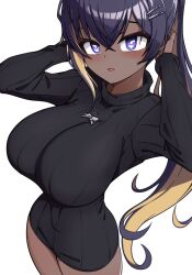 Rule 34 | 1girl, :o, black dress, black hair, blonde hair, blush, breasts, colored inner hair, dark-skinned female, dark skin, dress, goddess of victory: nikke, high ponytail, jewelry, large breasts, multicolored hair, necklace, noise (nikke), parted lips, purple eyes, simple background, solo, sweater, turtleneck, turtleneck sweater, white background, yoonsun