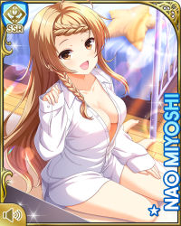 Rule 34 | 1girl, :d, bare legs, bedroom, bottomless, braid, breasts, brown eyes, brown hair, card, character name, cleavage, day, dress shirt, girlfriend (kari), indoors, kneeling, long hair, miyoshi nao, official art, open mouth, qp:flapper, shirt, smile, solo, tagme, white shirt