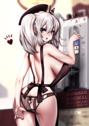 Rule 34 | 10s, 1girl, adjusting clothes, adjusting panties, apron, ass, ass cutout, back, backwards text, blue eyes, blush, breasts, bursting breasts, butt crack, clothing cutout, coffee maker, from behind, hat, heart, heart cutout, highres, kantai collection, kashima (kancolle), large breasts, looking at viewer, looking back, naked apron, nearly naked apron, open mouth, panties, sideboob, silver hair, solo, souryu, striped clothes, striped panties, twintails, underwear, vertical-striped clothes, vertical-striped panties
