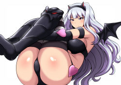 Rule 34 | 1girl, ass, breasts, folded, idolmaster, idolmaster (classic), jean-louis (yuasa rengou), knees to chest, large breasts, long hair, pink eyes, shijou takane, silver hair, simple background, smile, solo, thighs, white background, wings