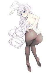 Rule 34 | 1girl, :|, all fours, alternate costume, animal ears, ass, back, backboob, black pantyhose, blue eyes, blunt ends, blush, breasts, closed mouth, commentary, curvy, embarrassed, fake animal ears, fake tail, foreshortening, frown, full body, good ass day, grey background, hair between eyes, hair ornament, hair spread out, hairclip, hand on own ass, highleg, highleg leotard, highres, knees together feet apart, large breasts, leotard, long hair, looking at viewer, looking back, naruse shiroha, natsuoto rito, no shoes, nose blush, pantyhose, playboy bunny, rabbit ears, rabbit tail, simple background, soles, solo, strapless, strapless leotard, summer pockets, tail, thighs, very long hair, white hair, white leotard