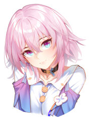 Rule 34 | 1girl, absurdres, black choker, blue eyes, blue jacket, buttons, chinese commentary, choker, closed mouth, commentary request, cropped torso, dress shirt, earrings, flower ornament, highres, honkai: star rail, honkai (series), jacket, jewelry, kuma-ra, march 7th (honkai: star rail), medium hair, pink eyes, pink hair, shirt, simple background, single earring, solo, two-tone eyes, white background, white shirt