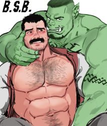 Rule 34 | 2boys, abs, bara, bare pectorals, beard, blush, borrowed character, buzz cut, chest hair, colored skin, couple, crotch grab, dopey (dopq), facial hair, fangs, green skin, hairy, hand on another&#039;s face, highres, interspecies, large pectorals, looking at another, male focus, mature male, monster boy, multiple boys, muscular, muscular male, mustache, navel, navel hair, nipples, open clothes, open shirt, orc, original, out-of-frame censoring, paid reward available, pectorals, pointy ears, short hair, sideburns, size difference, smirk, stomach, stubble, thick eyebrows, undercut, very short hair, yaoi