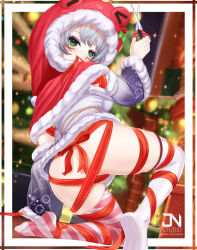 Rule 34 | 1girl, animal hood, apricot the lich, artist logo, artist name, ass, asymmetrical legwear, blurry, blurry background, bound, breasts, capelet, christmas tree, facial mark, feet, fur-trimmed capelet, fur trim, green eyes, grey hair, highres, holding, holding scissors, hood, hooded capelet, jnstudio, medium breasts, mismatched legwear, mouth hold, pink thighhighs, pom pom (clothes), red capelet, red ribbon, ribbon, ribbon bondage, ribbon in mouth, scissors, short hair, solo, sparkle, striped clothes, striped thighhighs, thighhighs, twitter username, virtual youtuber, vshojo, white thighhighs