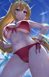 Rule 34 | 1girl, bare shoulders, bikini, blonde hair, blue sky, blush, bracelet, breasts, commentary request, contrapposto, day, from below, front-tie bikini top, front-tie top, gluteal fold, green eyes, grin, hand on own hip, highres, jewelry, large breasts, lens flare, long hair, looking at viewer, looking down, nail polish, navel, outdoors, ponytail, red bikini, red nails, red ribbon, ribbon, side-tie bikini bottom, sky, smile, solo, stomach, sweat, swimsuit, teeth, tenneko yuuri, thighs, tsurumaki maki, underboob, very long hair, voiceroid
