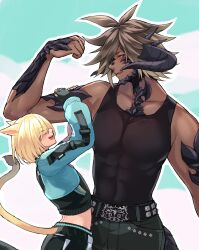 Rule 34 | 2boys, abs, androgynous, animal ears, aqua background, au ra, belt, black tank top, blonde hair, blush, brown hair, cat boy, cat ears, cat tail, closed eyes, collarbone, commentary request, cropped sweater, dark-skinned male, dark skin, dragon boy, dragon horns, dragon tail, final fantasy, final fantasy xiv, fingerless gloves, from side, gloves, green eyes, hair between eyes, happy, height difference, highres, horns, large pectorals, looking at another, male focus, medium hair, multiple boys, muscular, muscular male, open mouth, outline, pectorals, profile, shiroesa, short hair, simple background, size difference, smile, spiked hair, standing, tail, tank top, two-tone background, upper body, white background, white outline, yaoi