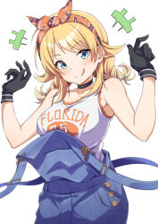 Rule 34 | 1girl, :q, black choker, black gloves, blonde hair, blue eyes, blue overalls, blush, braid, breasts, choker, eitopondo, gloves, hachimiya meguru, hair flaps, hands up, highres, idolmaster, idolmaster shiny colors, large breasts, low twin braids, official alternate costume, overalls, simple background, solo, tank top, tongue, tongue out, twin braids, white background, white tank top