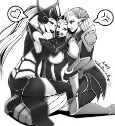 Rule 34 | 3girls, armor, breasts, cleavage, covering own mouth, diana (league of legends), ear protection, fang, forehead protector, girl sandwich, greyscale, helmet, large breasts, league of legends, leona (league of legends), long hair, monochrome, mouth hold, multiple girls, oldlim, sandwiched, short hair, syndra, thighhighs, valentine, yuri