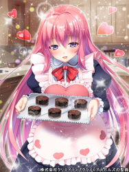 Rule 34 | 1girl, apron, asgard no seiten, black hair, blush, bow, cabinet, chocolate, copyright name, counter, heart, heart apron, holding, holding tray, incoming gift, indoors, juliet sleeves, kitchen, lens flare, light particles, long hair, long sleeves, looking at viewer, official art, open mouth, pink hair, pochadon, puffy sleeves, purple eyes, smile, solo, sparkle, tray, valentine, very long hair, watermark, wing collar
